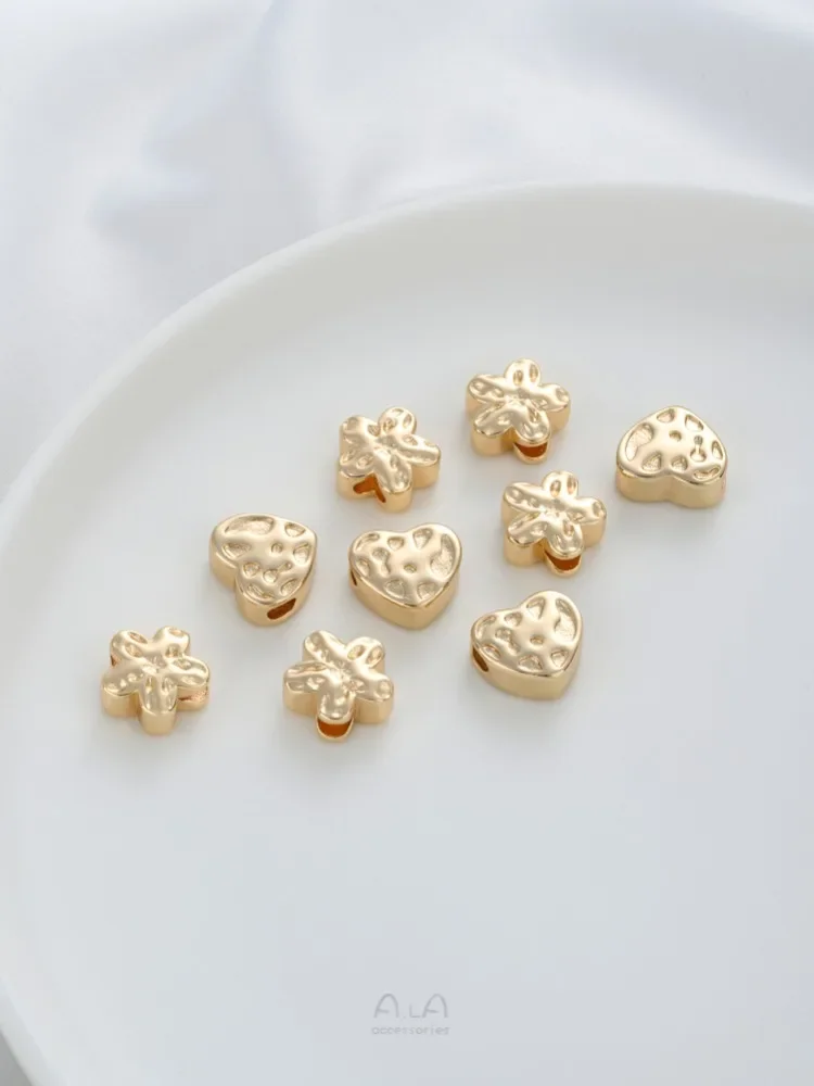 14k ouro-cor côncavo e convexo flor de ameixa coração grande buraco grânulo diy artesanal frisado pulseira colar jóias acessórios