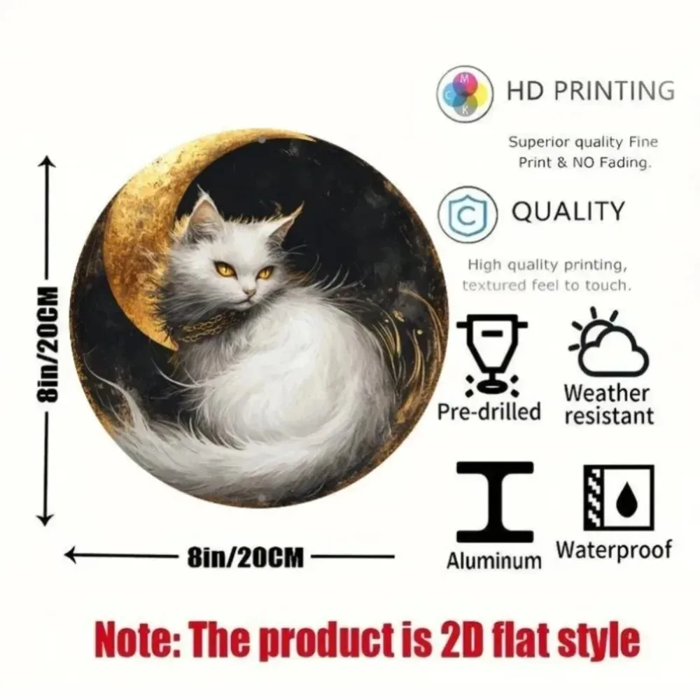 لافتة ديكور كلاسيكية على شكل قطة بيضاء - لوحة حائط مستديرة من الألومنيوم مقاس 8 × 8 بوصة، خالية من البطارية لحفلات المكتب والمطبخ والمقهى