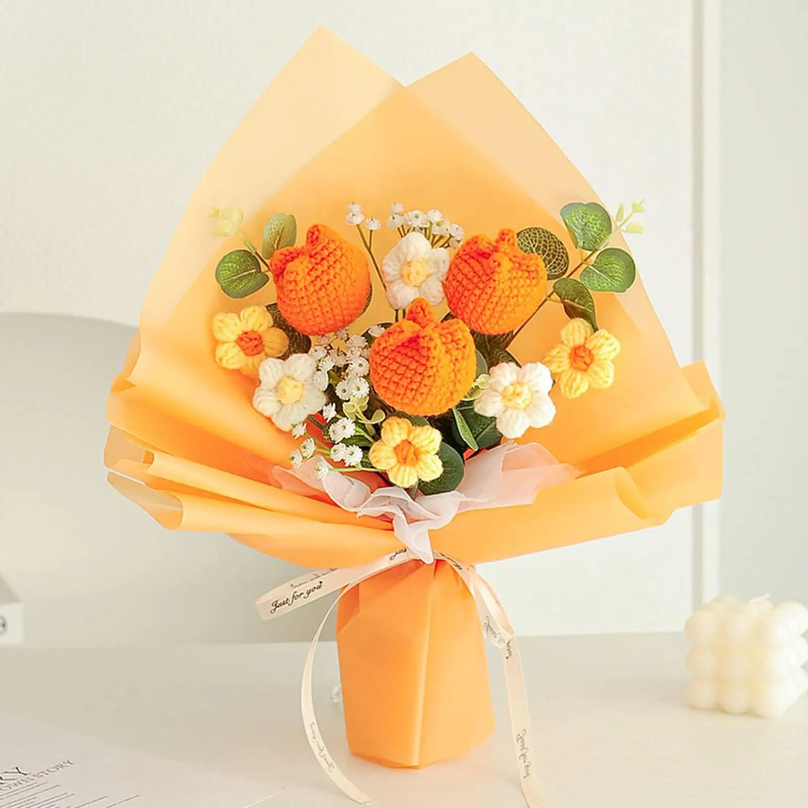 Knitted Crochet Bouquet with Lights Fake Tulip Flowers and Greenery Leaves for Spring Summer Home Office Shelf Party Decoration