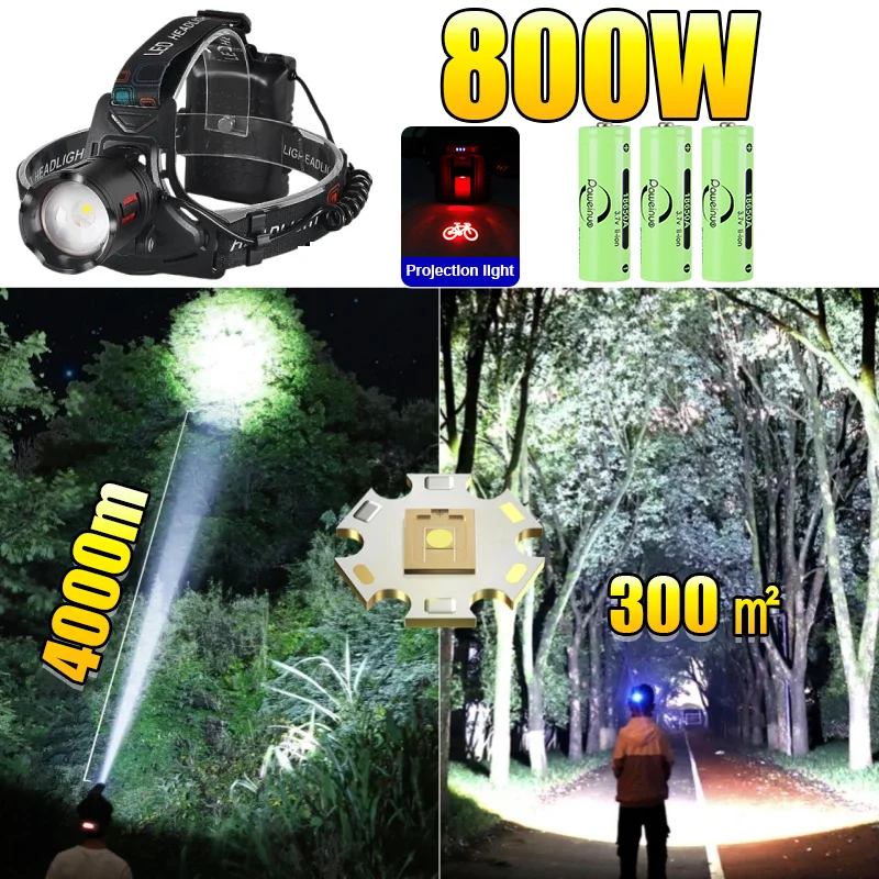 High Power 800W LED Headlight USB Rechargeable Headlamp Super Bright Head Lamp Zoomable Head Lights Fishing Forehead Light