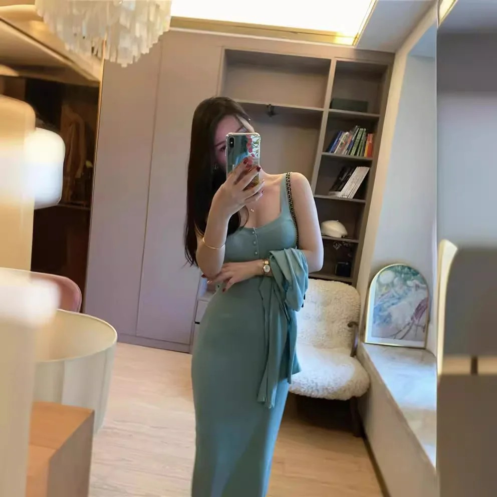 

6624, осенне-зимнее элегантное облегающее платье-майка с квадратным вырезом и пуговицами, открытой спиной и высокой талией, внутренняя часть