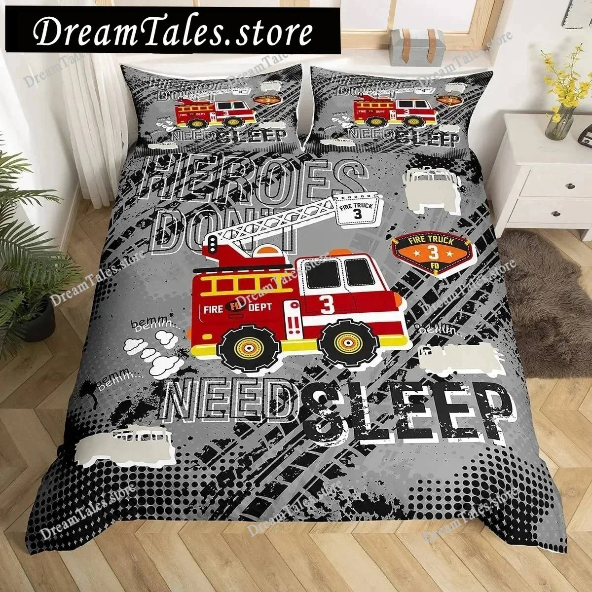 

Firefighter Car Duvet Cover Set,Fire Truck Bedding Set King, Honeycomb and Fire Comforter Cover Fire Engine Vehicle Quilt Cover7