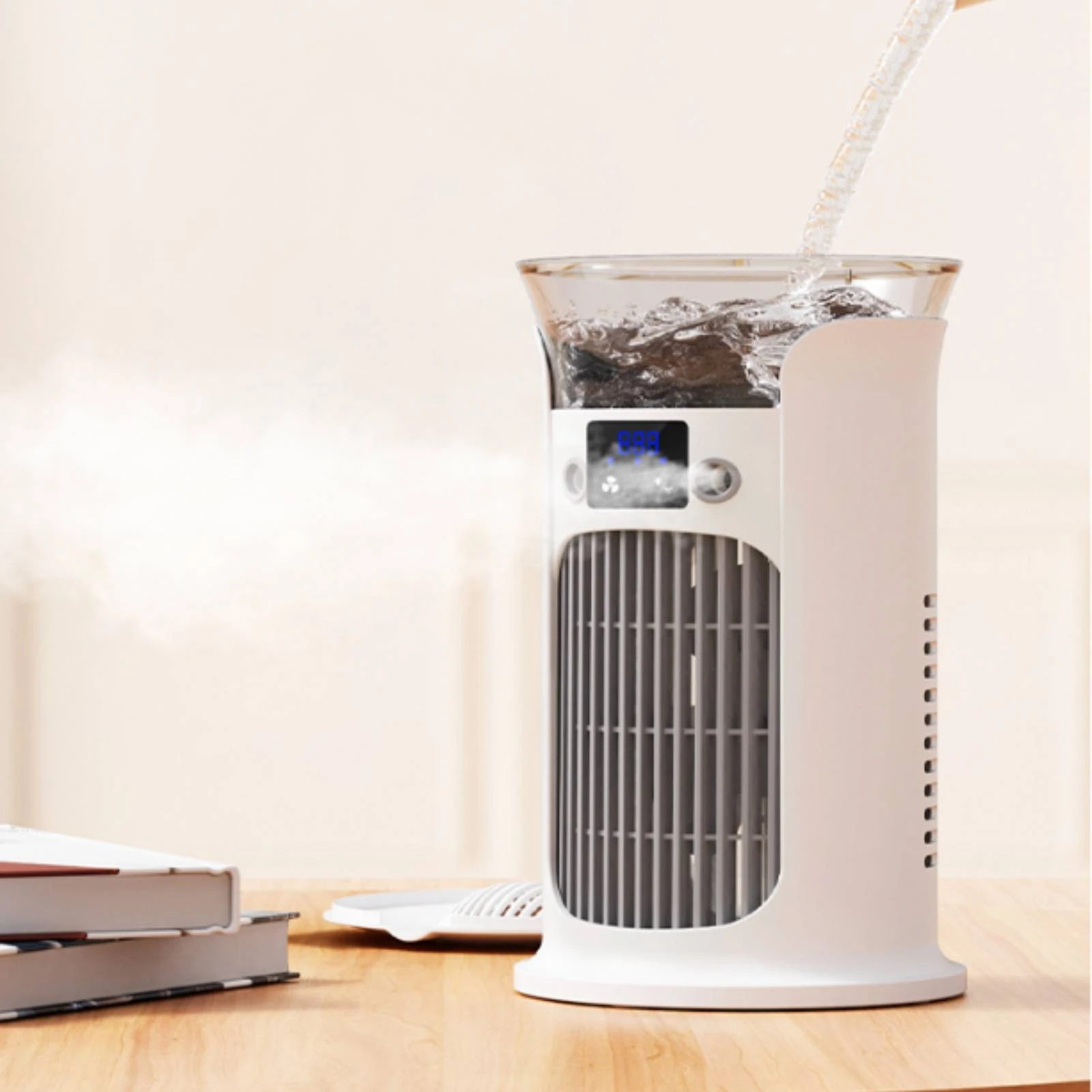 

Desktop Air Cooler Translucent Reservoir Tabletop Air Cooler Home Appliance Round Buttons Energy Saving