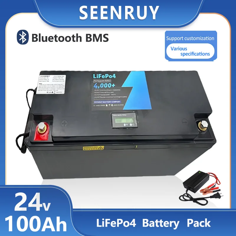 

24 В 100 Ач LiFePO4 Аккумулятор Встроенный аккумулятор BMS LiFePO4 для солнечной системы RV House Trolling Motor + зарядное устройство 10 А