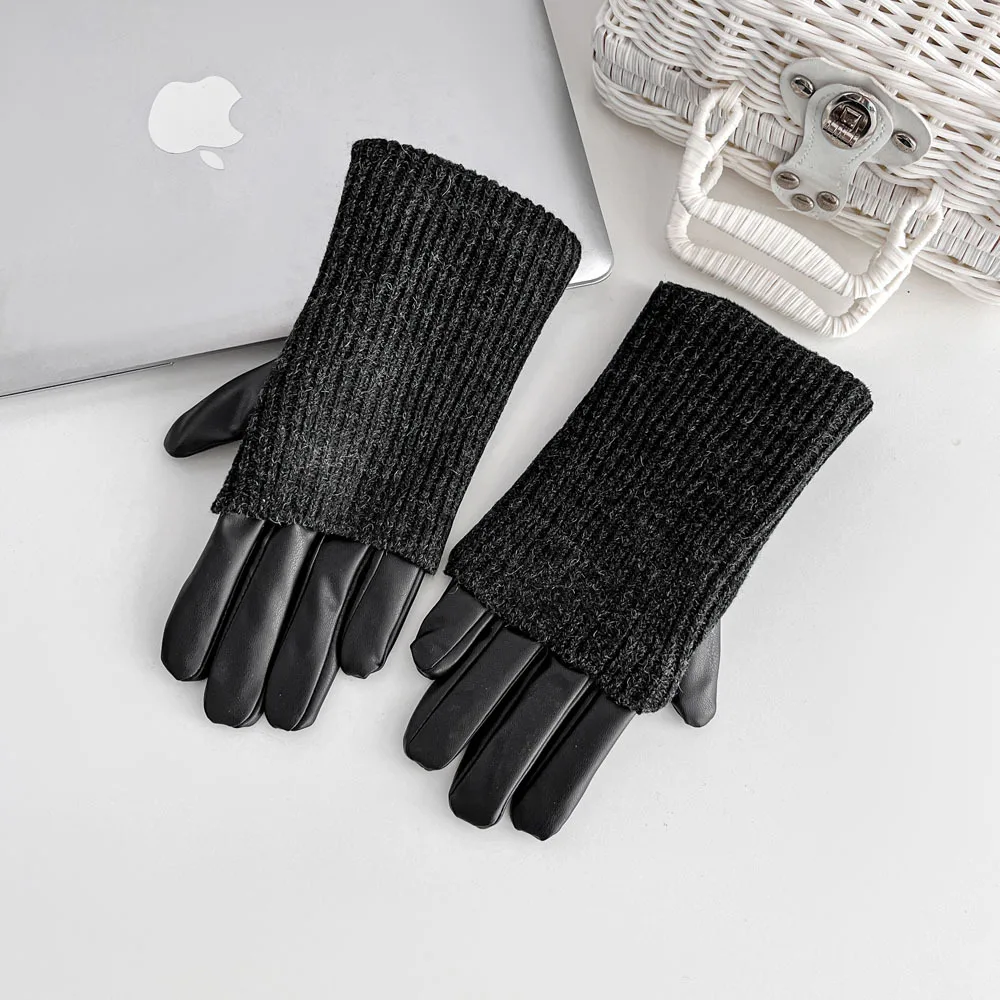 Rękawiczki ze skóry PU, damskie, z aksamitną podszewką, haftowane wzorem w romby, dwufunkcyjne, modne i ciepłe rękawiczki zimowe.