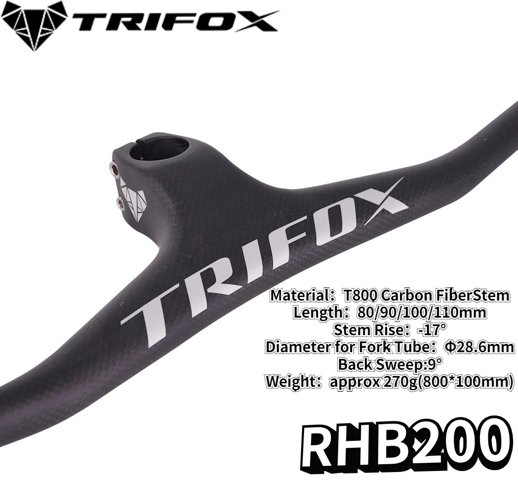 TRIFOX MTB Carbon Integrated Handlebar RHB200 T800 Carbon Fiber Stem Length 80/90/100/110mm Diameter for Fork TubeΦ28.6mm 270g