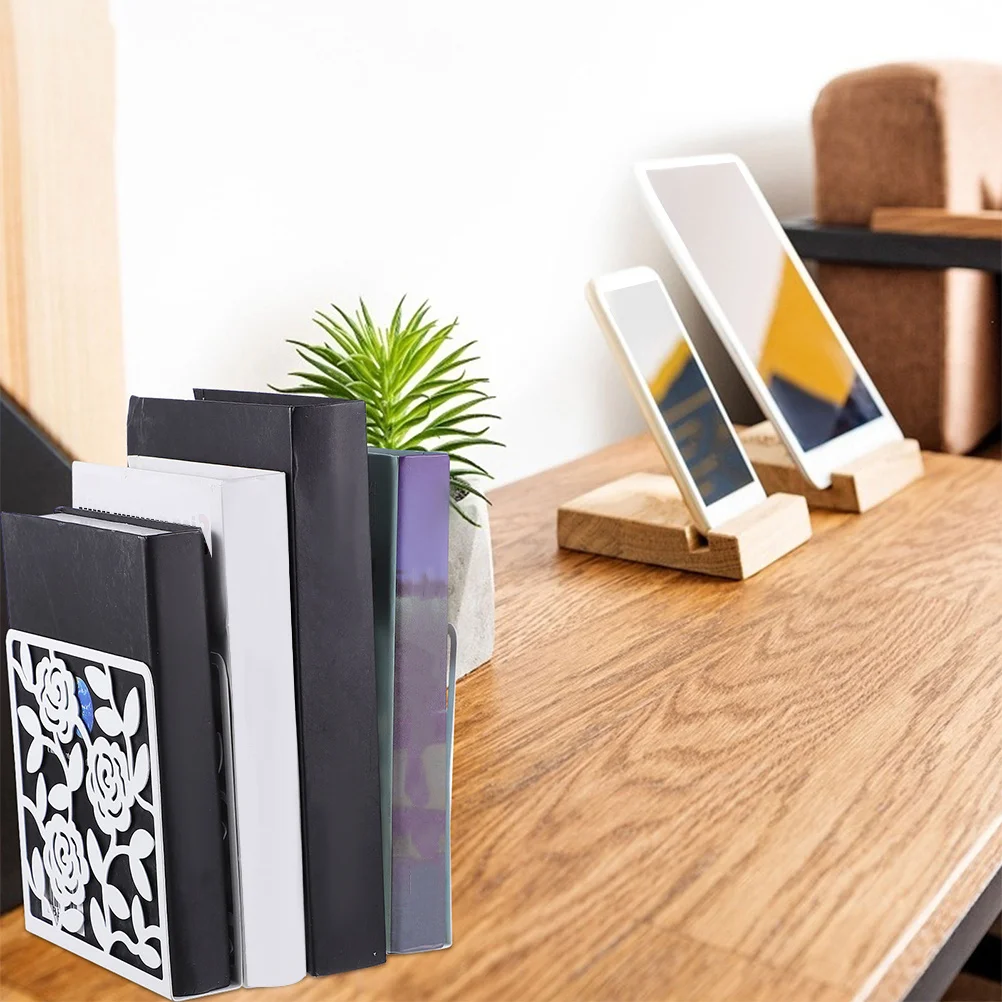 

2Pcs Hollow Out Metal Bookends for Desktop Home Office Use Practical Book Holder Organizer Stopper Vintage Style Reading Support