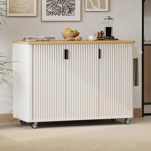 51”W French Style Rolling Kitchen Island with Drop-Leaf Table, 3D Textured Panel, Kitchen Cart with Storage Shelves