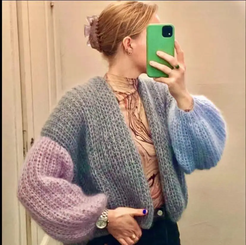 fashion color blocking patchwork sleeves  small fresh hollow out long sleeved cardigan, versatile mohair sweater knitted
