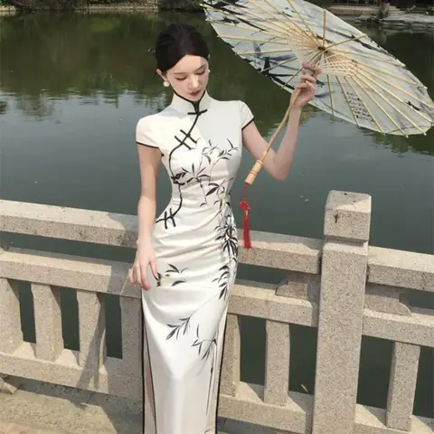 우아한 스탠드 칼라 대나무 프린트 반팔 치파오 원피스, 여성용 개량 중국 롱 드레스, 치파오, 2024 여름