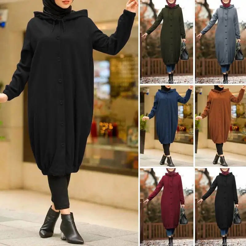 Muslim Spring and Autumn New Women's Solid Color Hooded Drawstring Casual Pocket Long Sleeve Fleece Loose Hoodie Dress