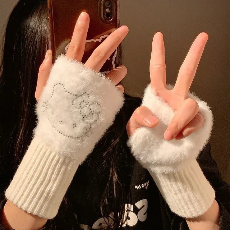 Cartoon Hello Kitty Cute Warm Wool Half Finger Gloves Winter Fingerless Wrist Guard Office Writing Kawaii Holiday Gift New Style