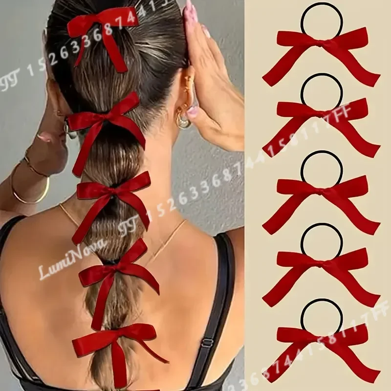 10pcs Women Red Ribbon Bow Hair Ties Elastic Hair Bands Ponytail Holders Cute Bowknot Scrunchies Hair Accessories for Girls
