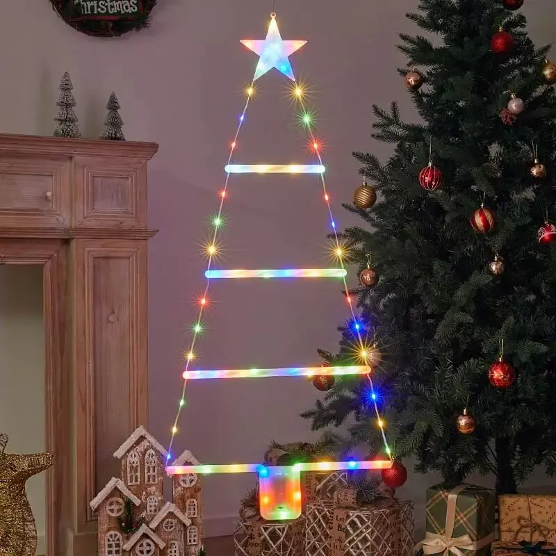 Christmas Tree Ladder String Lights 3AAA Battery Operated 8 Modes LED Warm White Colorful Home Xmas Party Decor