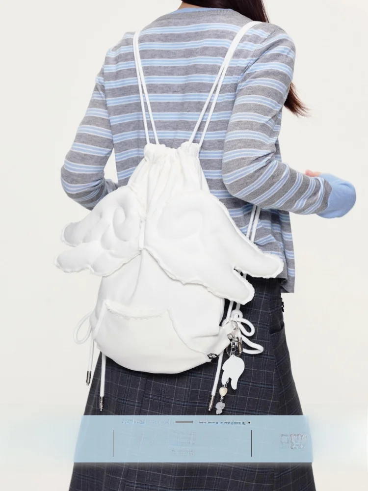 

Original Design Polka Dot Angel Cotton Filled 3D Wings Frayed Double oulder Bag Casual Dstring Bag for Youth Daily Use