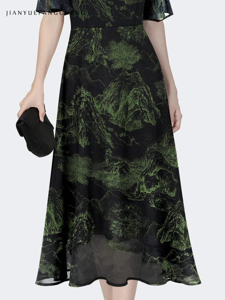 Womens Summer Green Printed Dress Chiffon Long Dress Short Sleeve Crew-neck High Waisted A-line Vintage Female Art Maxi Dresses