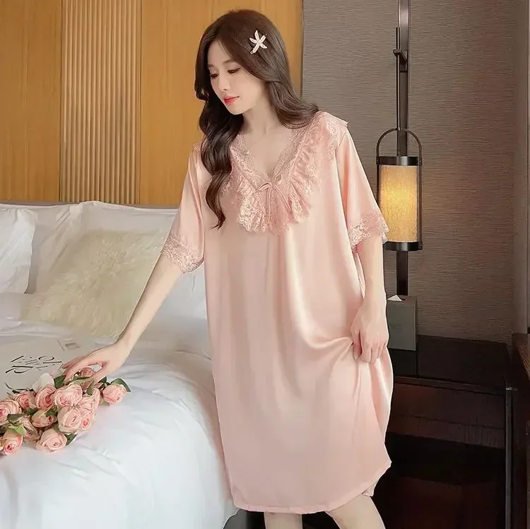 Female Summer Loungewear Gown Nightdress Nightgown Dressing Lace Home Satin V-neck Sleepwear Women Dress Bathrobe