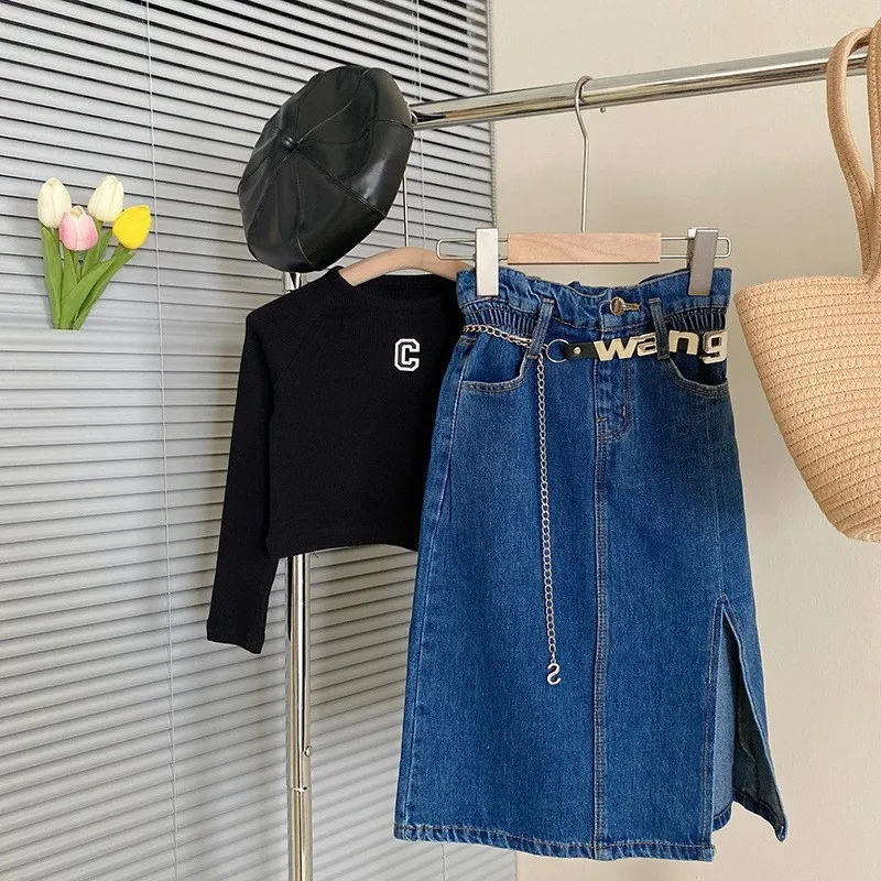 Fashion Baby Girl Jean Slit Skirt Long Sleeve Tshirt Infant Toddler Child Denim Skirt Spring Autumn Summer Baby Clothes 1-10Y