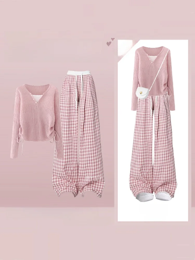 

Youthful Vitality Women's Knitted Sweater Set with Drawstring Casual High Waist Long Pants Autumn Winter Anti-Aging Fashion Set