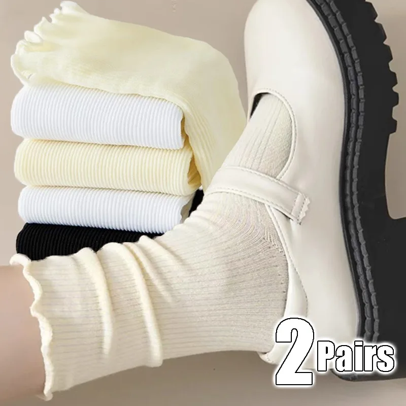 Lovely Wooden Ear Edge Pile Middle Tube Socks Women INS Style Kawaii Light Luxury Solid Color Ruffles Harajuku Cute Socks