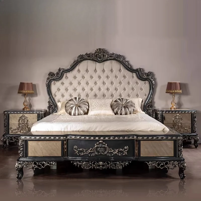 

European solid wood carving flower bed Italian court villa fabric soft bed villa master bedroom large screen bed c