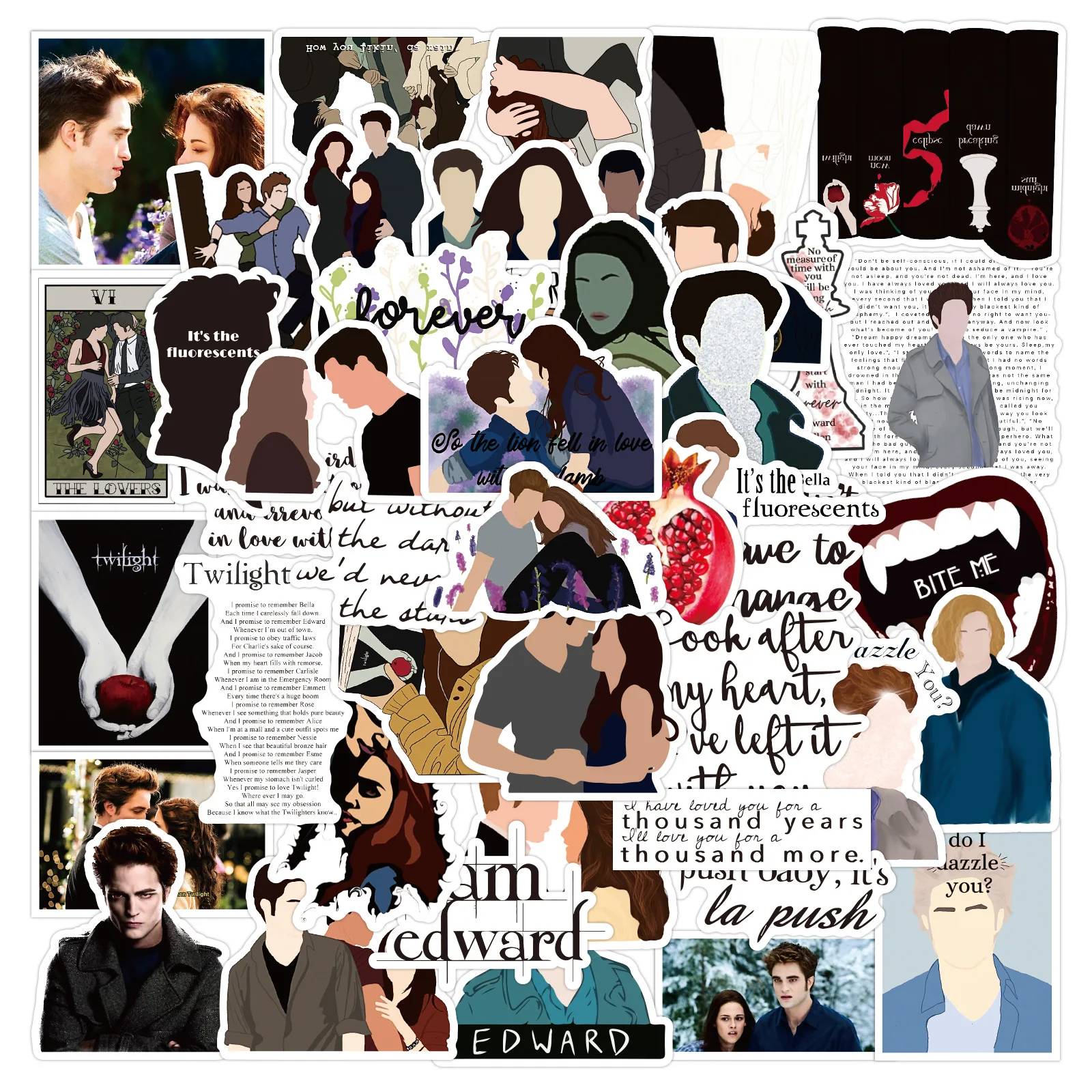 สติกเกอร์ลายการ์ตูนจากภาพยนตร์ Twilight แบบใหม่ 50 ชิ้น สติกเกอร์ตกแต่งลายกราฟฟิตีกันน้ำ สติกเกอร์กราฟฟิตีแบบส่วนตัวสำหรับตกแต่งสมุดภาพ DIY