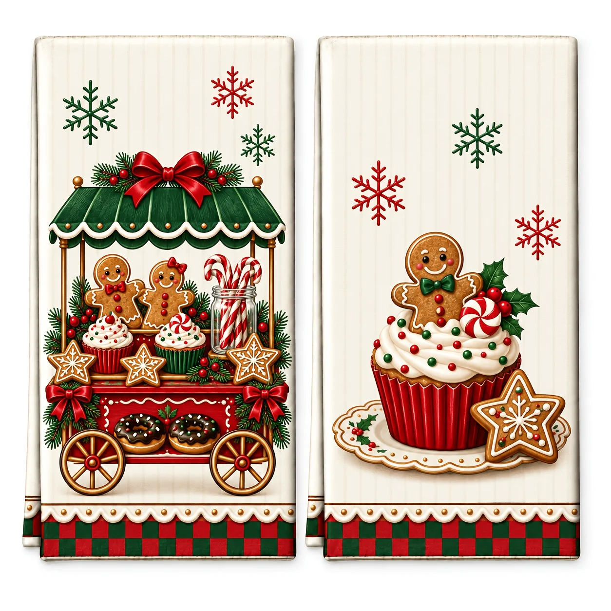 2 stuks kerstkeukenhanddoeken met een afbeelding van een peperkoekman, schattige handdoeken met een afbeelding van een snoepwagen en sneeuwvlokken, zachte, absorberende microvezelhanddoeken.
