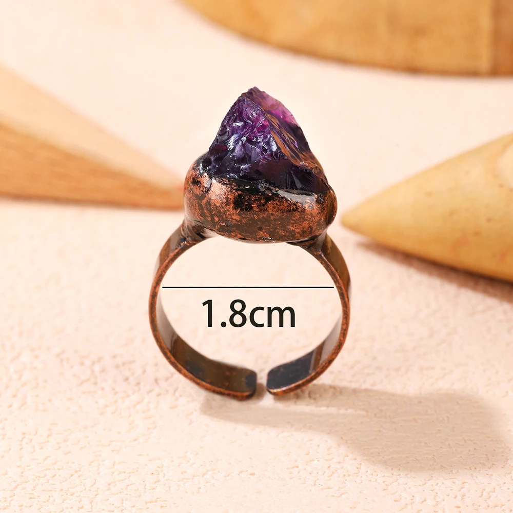 Natural Amethyst Stone Vintage Adjustable Open Ring Antique Bronze Electroplated Irregular Unique Boho Jewelry Gift for Women