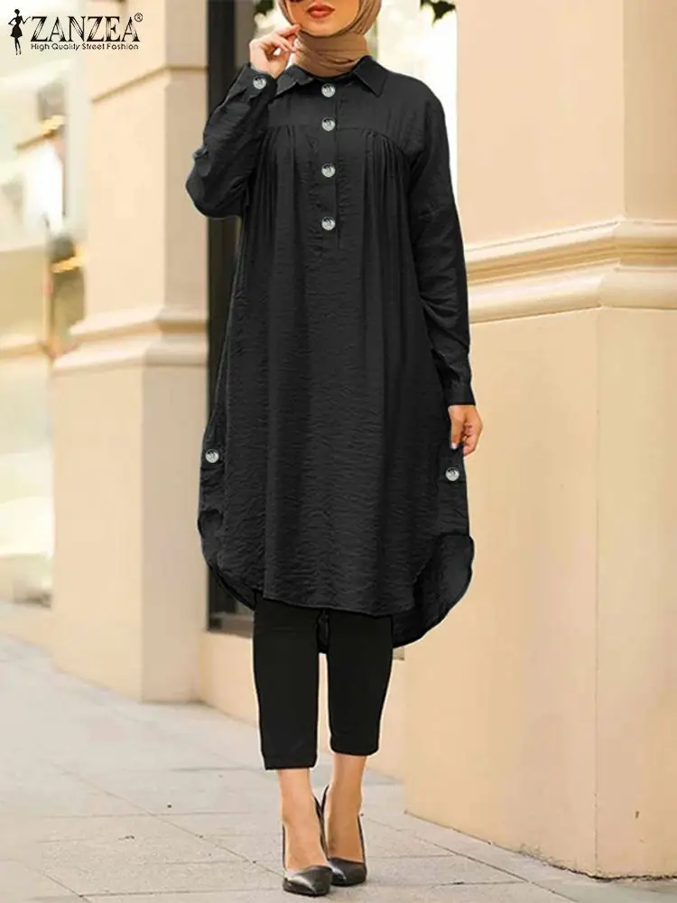 

ZANZEA Vintage Solid Muslim Shirt Long Sleeve Lapel Neck Blouse Woman Casual Islamic Clothing Female Elegant Party Chemise 2024