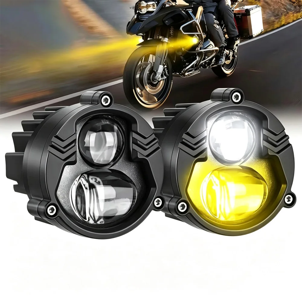 Luces LED de motocicleta de doble color, bi-lente, blanco y amarillo, luz alta y baja, luces de conducción para motocicleta, para todoterreno, jeep, barco, camión, ATV