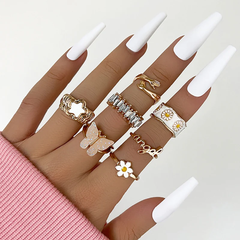 Pink Acrylic Butterfly Knuckle Ring Set For Women Crystal Enamel Mushroom Yin Yang Flower Rings Girls Fashion Jewelry