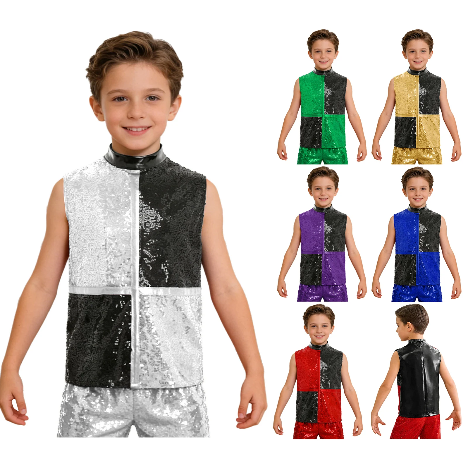 Kids Boys Shiny Sequins Color Block Top Jazz Hip Hop Disco Dance Stage Performance Costume Sleeveless Invisible Zipper T-Shirts