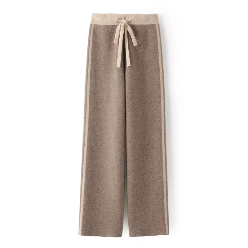 New Elegant Autumn Winter Women Wool Wide Leg Pants Color Block Drawstring Knited Cashmere Pants Woman 100% Merino Wool Trousers