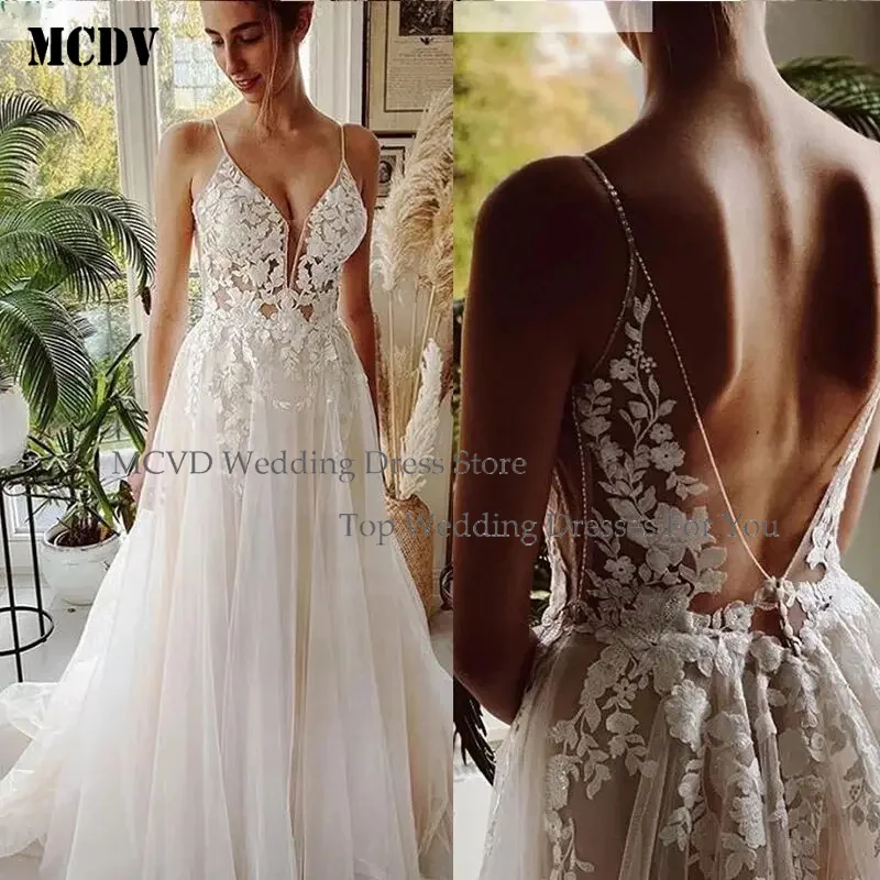 

MCDV 2025 Sheer Illusion Beach Wedding Dresses Long Tulle Lace Vintage Bridal Gown A Line Court Train V Neck Pluging BridalDress
