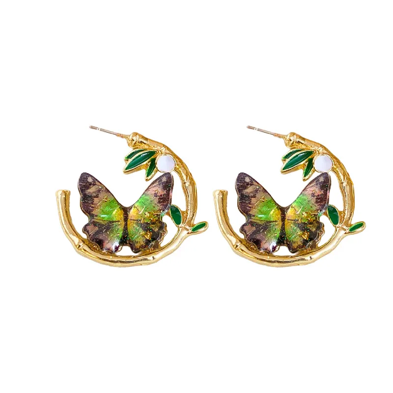 NISHIZAWA Round Bamboo Leaf Oil Drop Butterfly Earrings Chinese Style Temperament Earrings Luxury Earrings