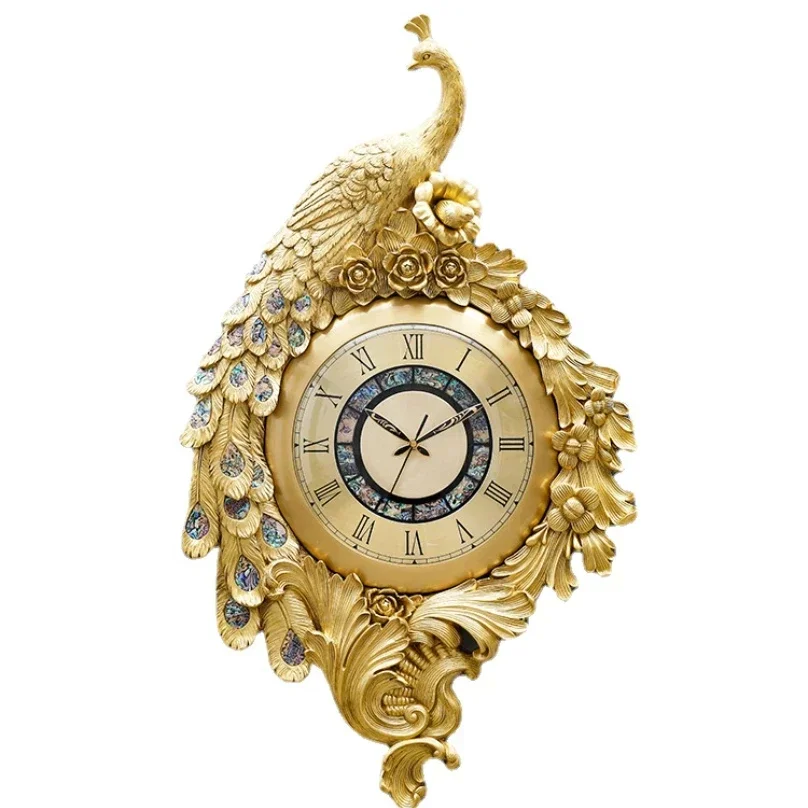 

Modern Decoration Gold Metal Peacock Clocks 3D Brass Art Quartz Wall Clock Home Decor Luxury