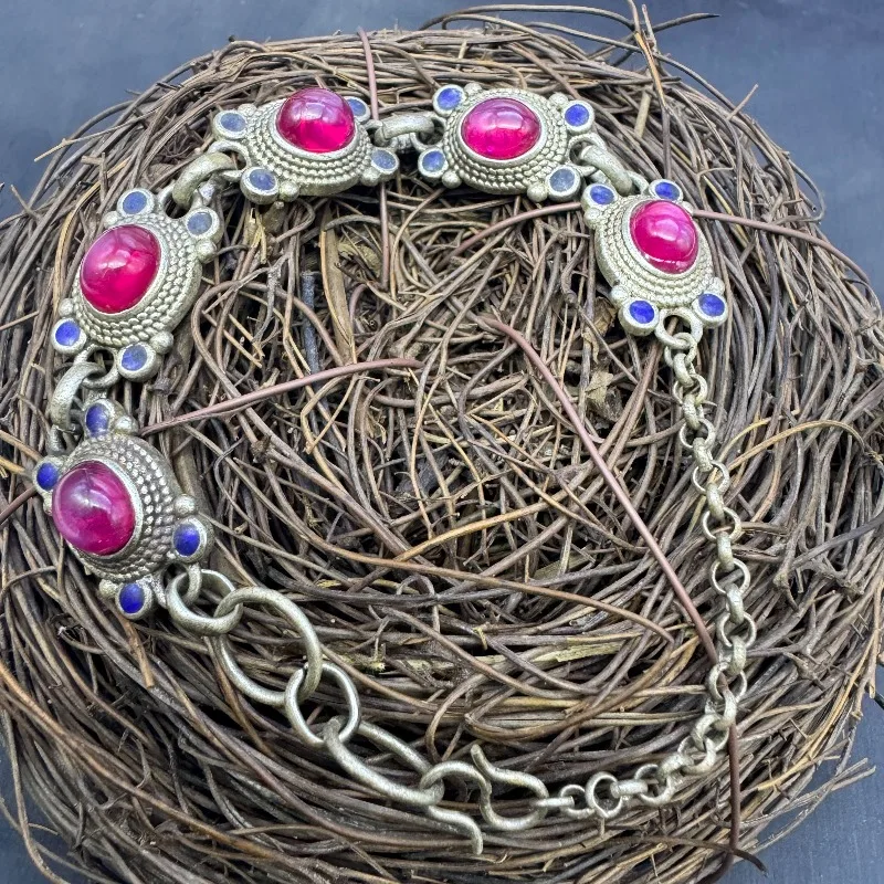 Tibetan Silver Handmade Bracelet, Hand Inlaid Premium Natural Star Ruby Ethnic Style Jewelry Accessory