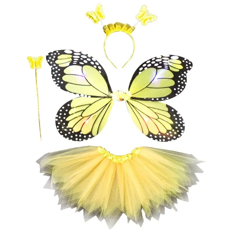 Adult Kids 4Pcs Fairy Costume Set LED Simulation Butterfly Wings Pointed Tutu Skirt Headband Wand Princess Girls Party Dress Up