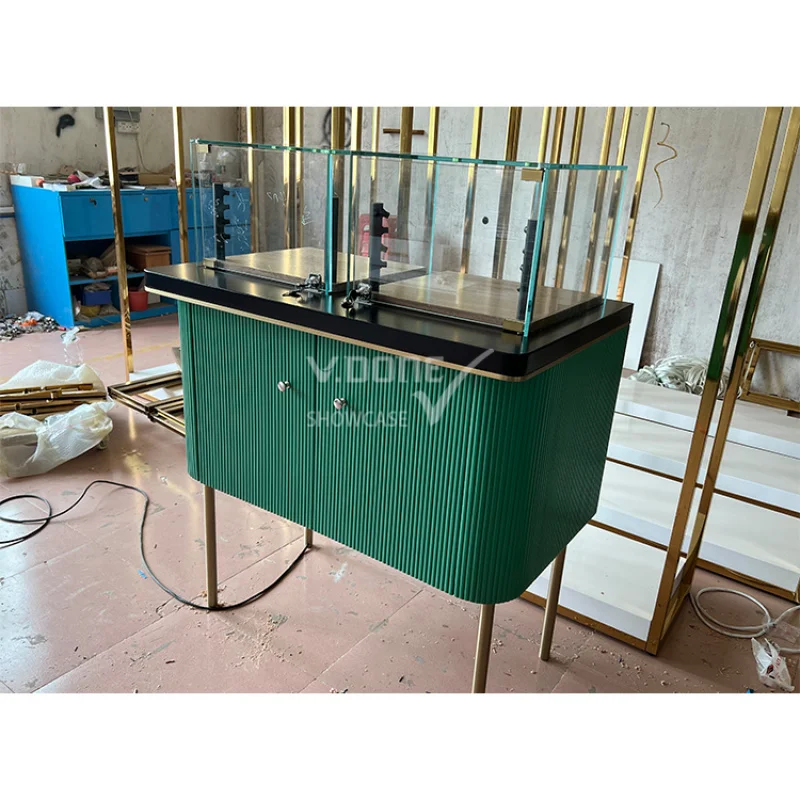 [Customized]Luxury Stainless Steel Jewelry Glass Display Showcase Jewellery Retail Shop Counter Wood Jewelry Store Cabinet with