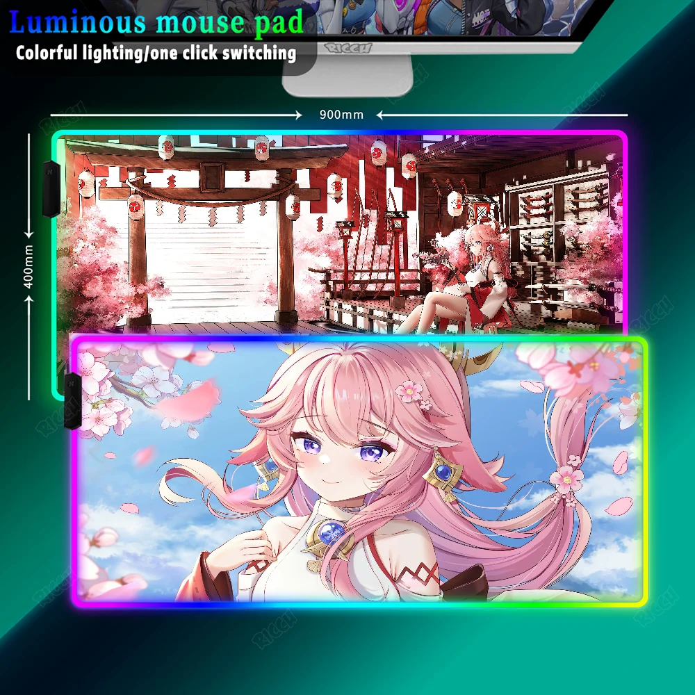 Genshin Impact Yae Miko HD print Mouse Pad Gamer RGB Gamingpad Mat Large Keyboard Mat LED Light Desk Pad For Computer Laptop Pad