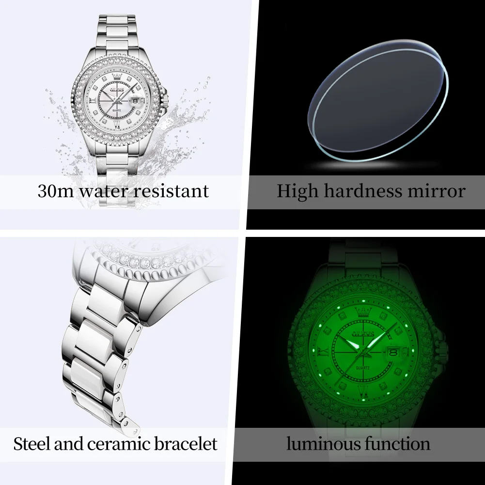 OLEVS 3685 Women Watch Original Elegant Quartz Watch Waterproof Luminous Steel And Ceramic Bracelet Date Watches For Women Gifts