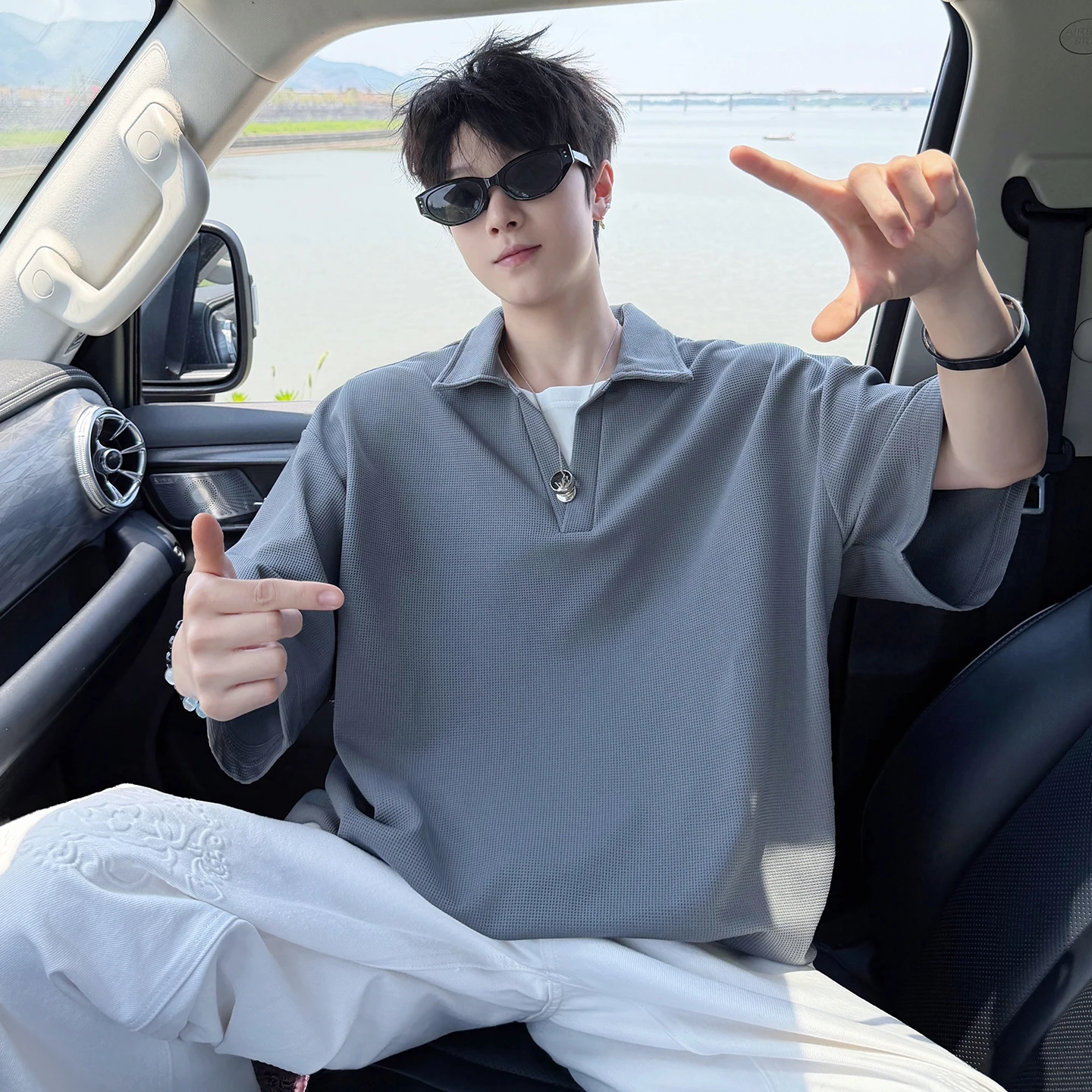 2026 Summer New Style Men's Two-Piece V-Neck Short-Sleeved T-Shirt with Collar and Half Sleeve - Loose Fit - Heavyweight - Waffl