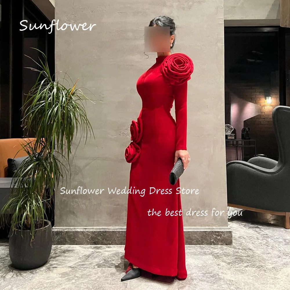 Sunflower Simple Red High Neck 3D Flowers Mermaid 2024 Slim Crepe Ocassion Gown Ankle-Length Formal Evening Dress Party Dress