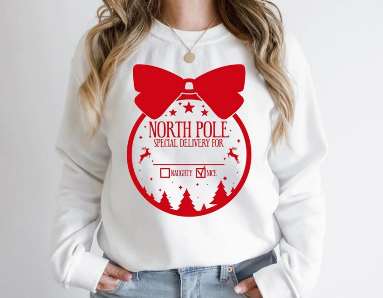 

Custom Christmas Pullover Top Naughty or Nice Shirt Funny Matching Tee Kawaii Clothes Womens Crewneck Sweatshirt