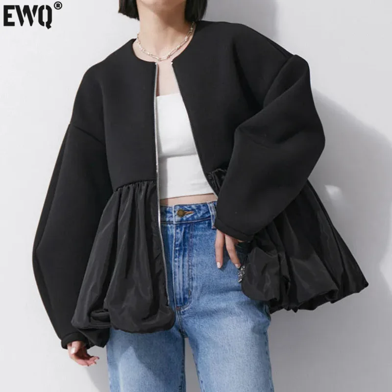 

[EWQ] Spliced Ruffles Design Long Sleeve Zipper Cardigan Sweatshirt Simple All-match Women Tops Winter 2024 Autumn Coats 16O2608