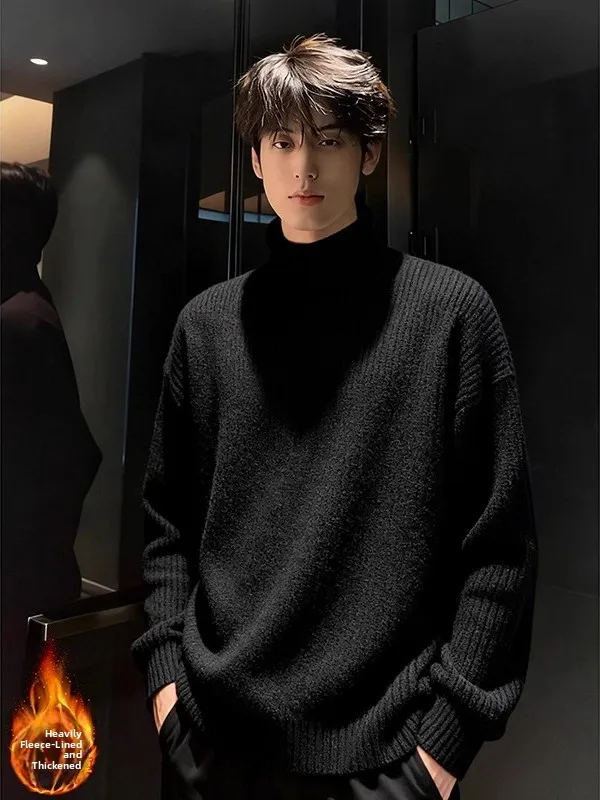 

Bla High Collar Fce Lined Thiened Men's Knitted Sweater Winter Base Layer Casual Comfortable Loose Fit Long Sve Top