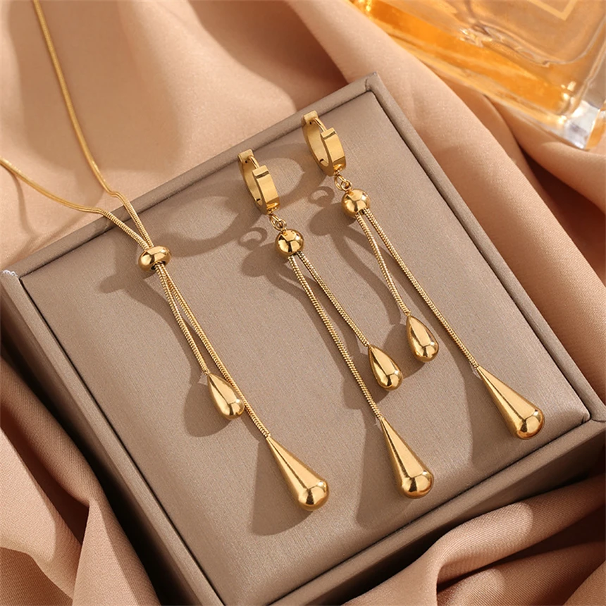 316L Stainless Steel Pulling Adjustment Droplet Shape Tassels Charms Chain Necklaces Earrings Fashion High Jewelry Party Gifts
