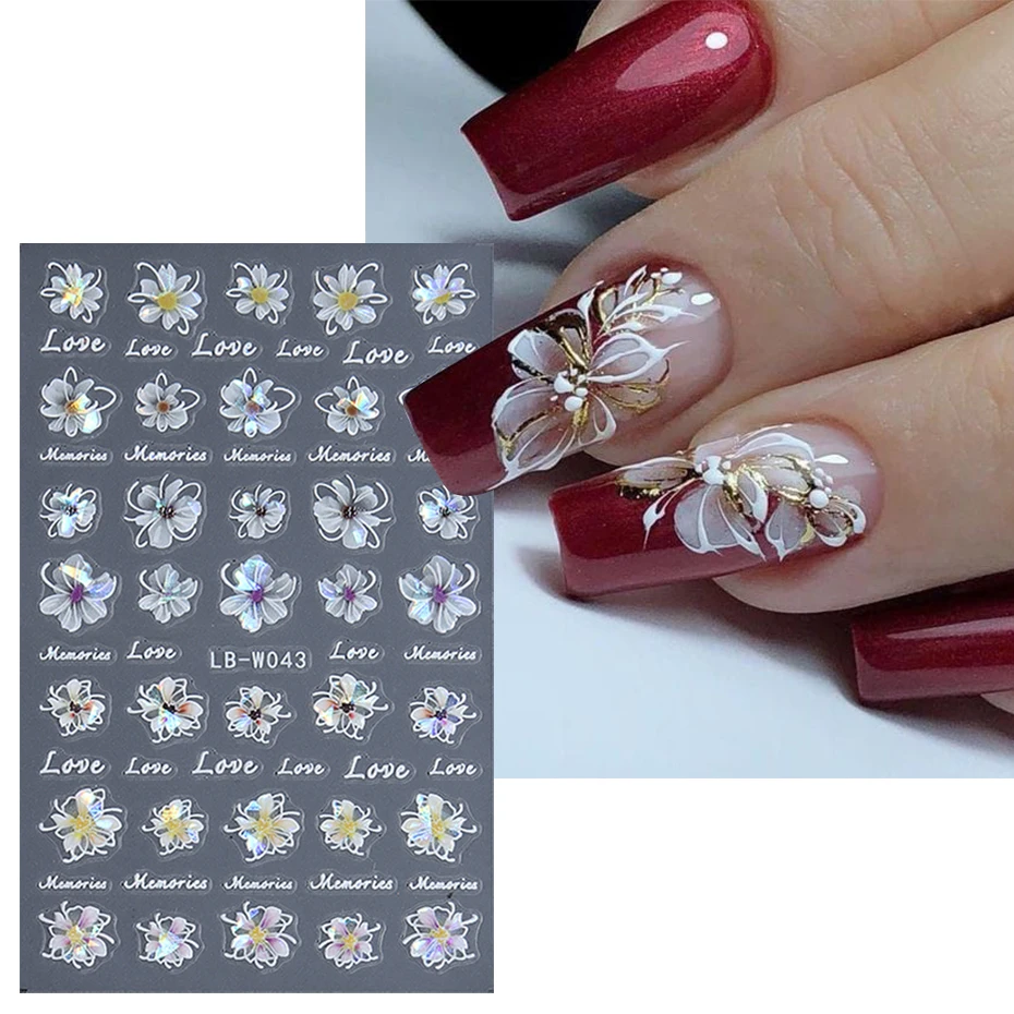 Laser Flowers 3D Nails Stickers Floral Holographic Fairy Aurora Shiny Blooming Flower Decals 2024 Cute Summer Nail Decor#LB-W042