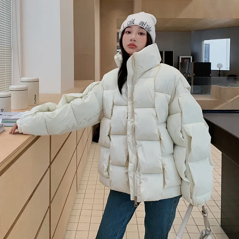 Women'S Down Coat Quilted Puffer Cotton-Padded Clothes Korean Stand Collar Thicken Warm Oversized Bread Jacket Woman Coat Winter