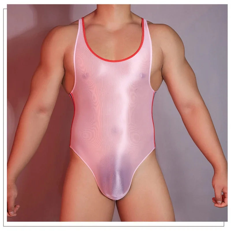

Men Sexy Bodysuit Summer Oil Shiny Glossy Sheer Tights Ultra Elastic Swimsuit Gyms Clothing Fitness Breathable Undershirt